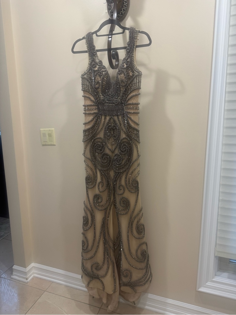 Musani Couture Nude Gown with Black Beaded Scrollwork